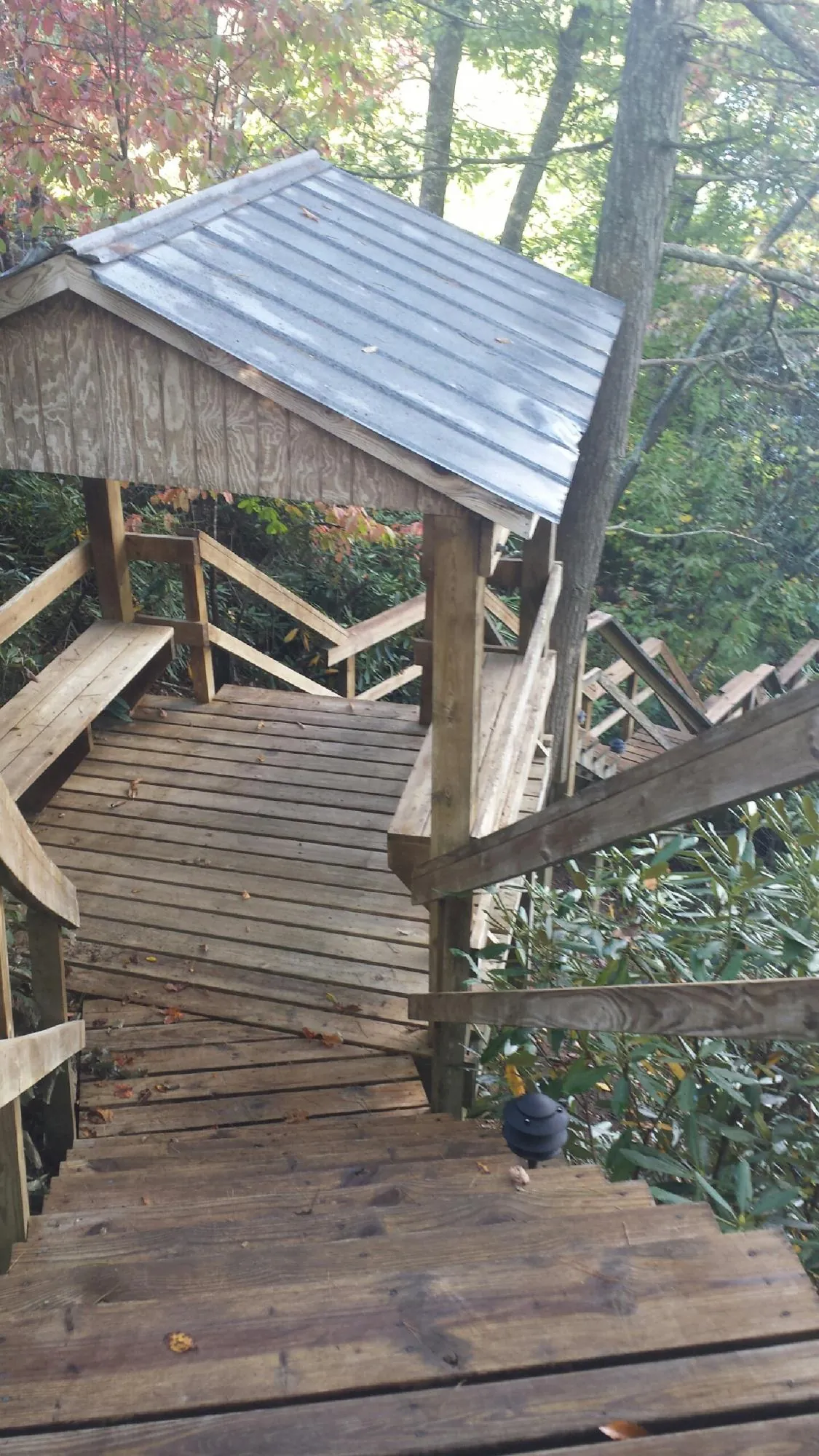 Metal roofed shelter over wooden steps on a wooded walkway — Skylight Repair & Installation work by our crew in Milliken